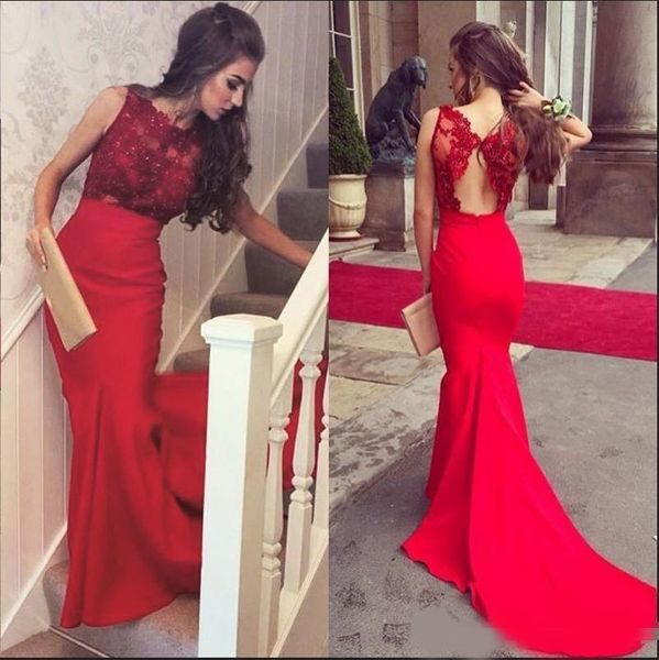 

red lace mermaid prom dresses long 2020 jewel neck appliques beading backless formal evening party gowns vestidos de fiesta, Black;red