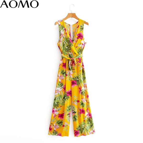 

women's jumpsuits & rompers aomo cashual women summer yellow floral print beach jumpsuit sleeveless v neck female back zipper 1f123a, Black;white