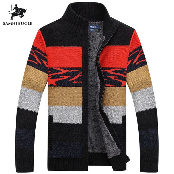 

brand sweater cardigan men 2019 winter sweater men pattern striped zipper thicken fleece coat agasalho masculino, White;black