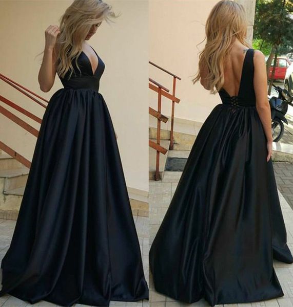 

deep low cut v-neckline dark navy long prom dress with corset back, Black