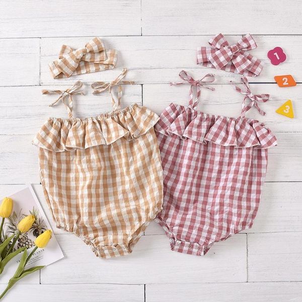 

newborn infant baby girl plaid romper bodysuit jumpsuit+hair ring set outfits, Blue