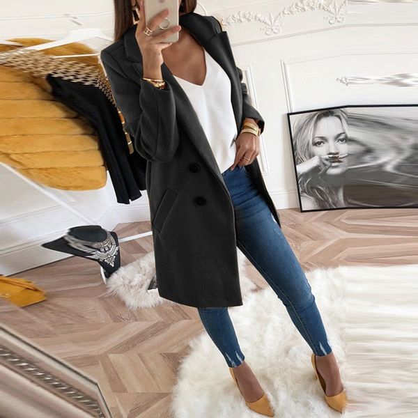 

solid color designer womens coats lapel neck long sleeve single breasted womens long coats fashion female winter outerwear, Black