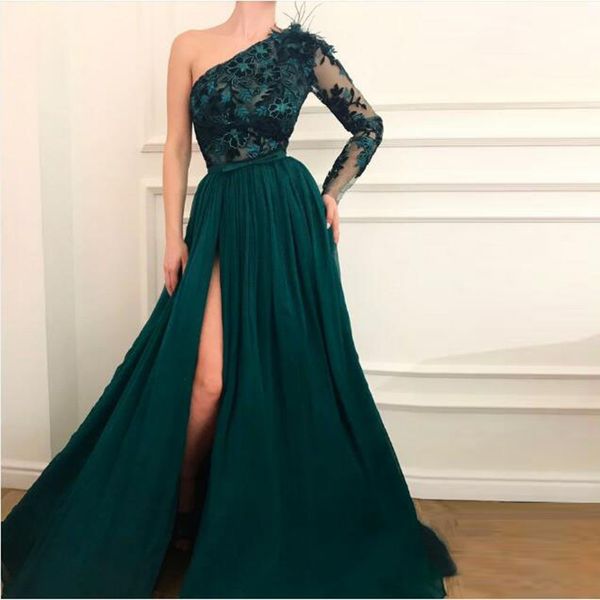 

hunter green one shoulder prom dresses with appliques lace feather long sleeves evening dress leg side split women party gowns, Black