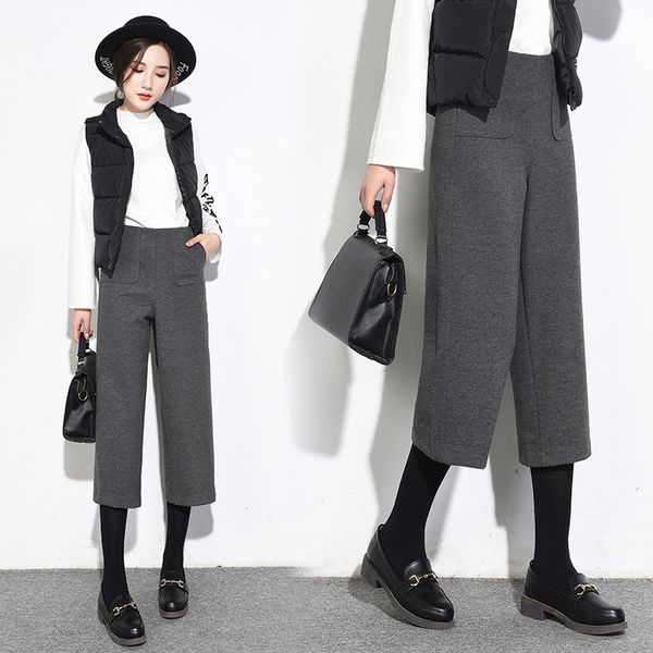 

fashion high waisted calf-length women woolen wide leg pants solid pockets trousers casual black wool pants for women, Black;white