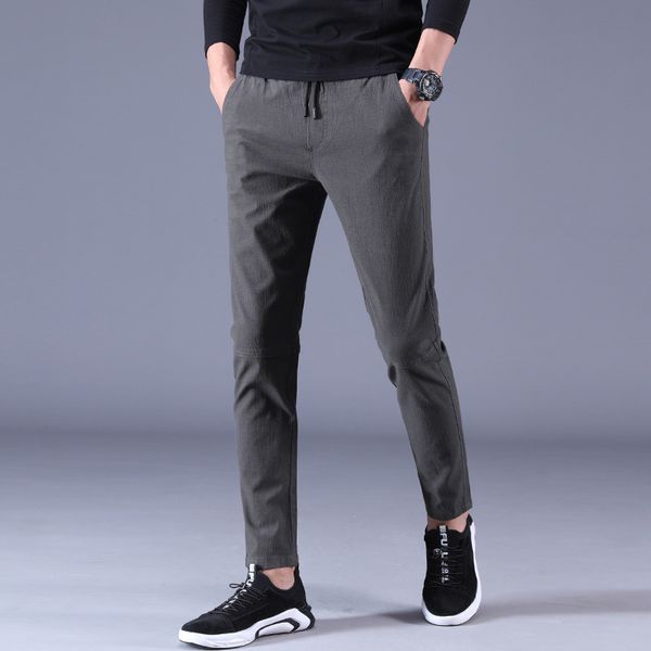 

spring pants men casual spliced solid color slim straight drawstring pencil trousers fashion male stretch skinny, Black