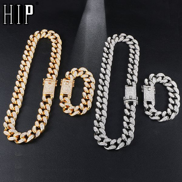 

hip hop 1set 20mm full heavy iced out paved rhinestone miami curb cuban chain cz bling rapper bracelet necklaces for men jewelry, Silver