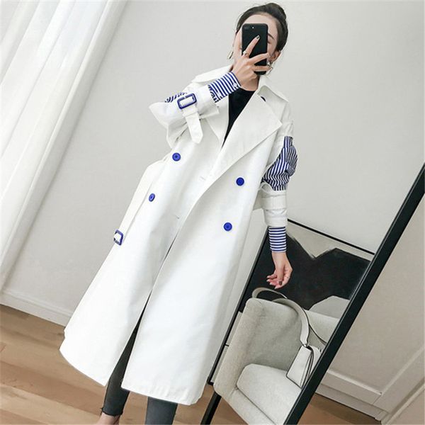 

long windbreaker women 2019 spring and autumn korean fake two-piece shirt sleeve trench coat women stitching striped chic jacket, Tan;black