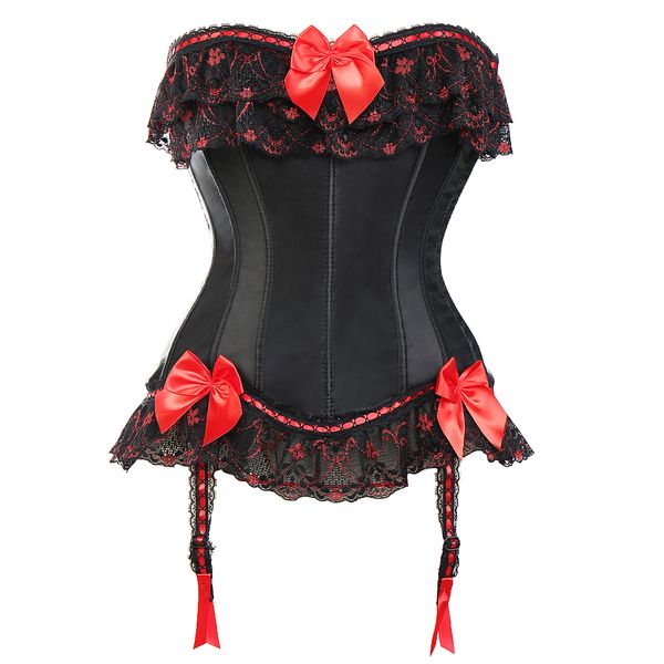

women steampunk gothic waist trainer corset red bow satin lace up corset dress waist cinchers lingerie corsets and bustiers, Black;white