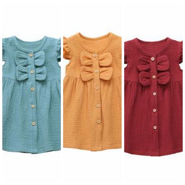 

baby girl dress cotton linen fly sleeve princess dresses double bow patchwork dress kids summer ruffled collar bowknot dresses color zyqa473, Red;yellow