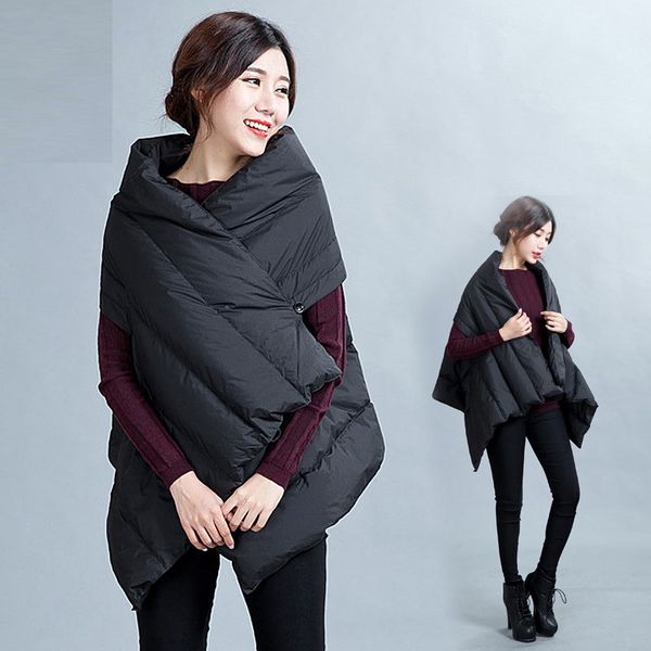 

original new design spring autumn women down vest vintage duck down shawl laides thick warm winter oversized outwear clothes, Black