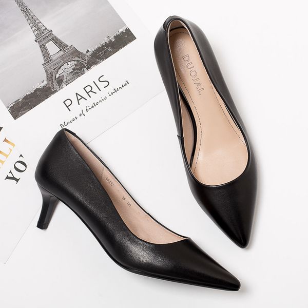 

buty damskie high heels shoes women pointed-toe black genuine leather ladies shoesthin heel sapato feminino pumps tacones mujer