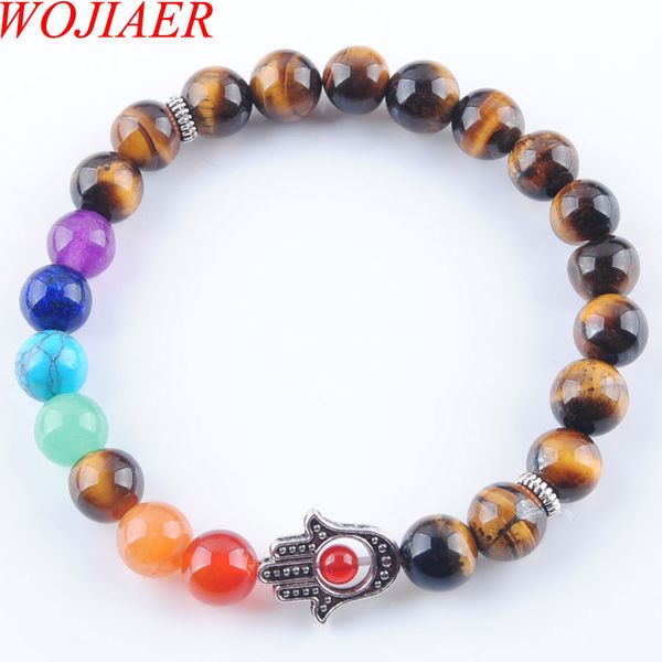 

wojiaer 8mm natural tiger s eye stone round beads palm bracelets 7 chakra healing mala meditation prayer yoga women jewelry dk3252, Black