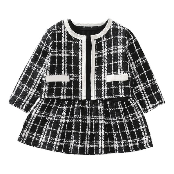 

2020 осень новое прибытие девушки темперамент моды хаундстут 2 шт костюм пальто + юбка дети tweed наборы одежда для девочек, White