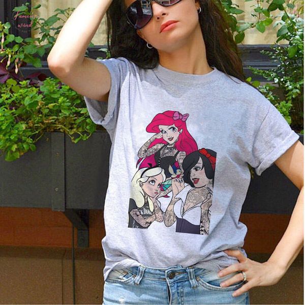 

punk t shirt women tattoo princess cartoon printed funny t shirts women vogue summer harajuku streetwear graphic tees women, White