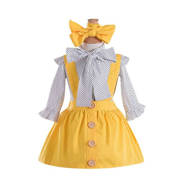 

pudcoco 2pcs toddler baby kids girls clothes polka dot t-shirt + soild yellow skirt button suspenders skirt overall outfits, White