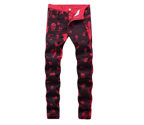 

men's skull printed red denim jeans fashion slim fit pattern painted stretch pants hip-hop trousers, Blue