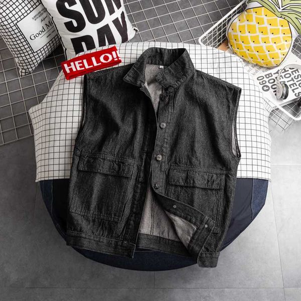 

tooling denim vest men's tide loose and handsome conventional casual japanese sleeveless vest jacket, Black;brown