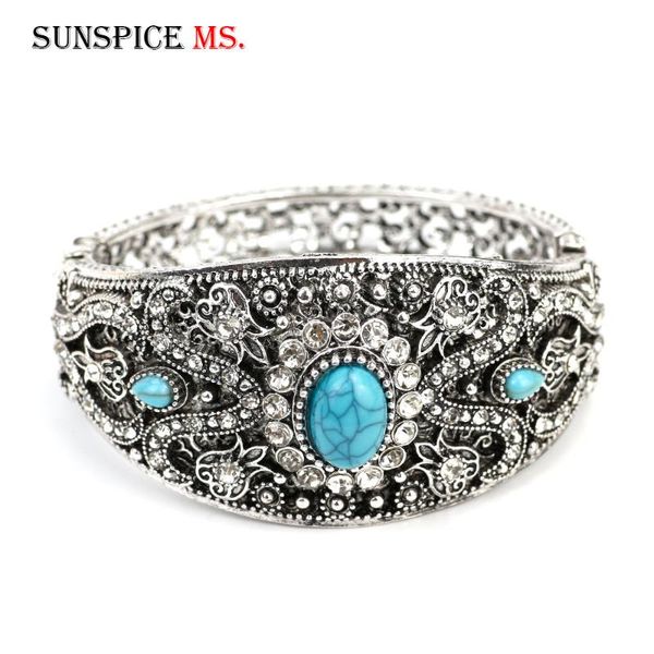 

sunspicems retro vintage silver color women bangle turkish design bohemia ethnic wedding jewelry, Black
