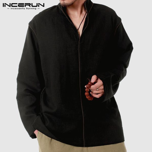 

incerun traditional harajuku men pure long sleeve shirt vintage fashion v neck pullover casual joker baggy cotton mens blouse, White;black