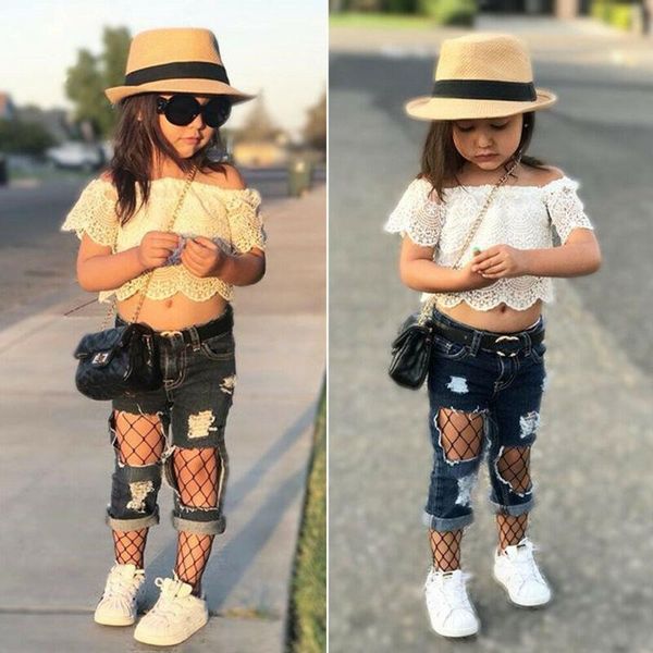 

2pcs малыш дети детские девушки 2t-7t с плеча топы denim брюки нижнее одежда, White