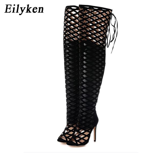 

eilyken peep toe cut out gladiator over the knee high heels women sandals boots women night club openwork high boots, Black