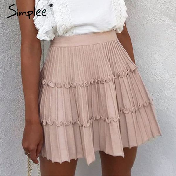 

simplee elegant knitted skirt womens high waist a line ruffle stripe skirt female autumn winter sweet pink ladies skirts 2019, Black