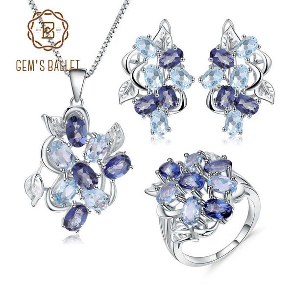 

gem's ballet 925 sterling silver leaves ring earrings pendant set natural sky blue z mystic quartz classic jewelry for women, Black