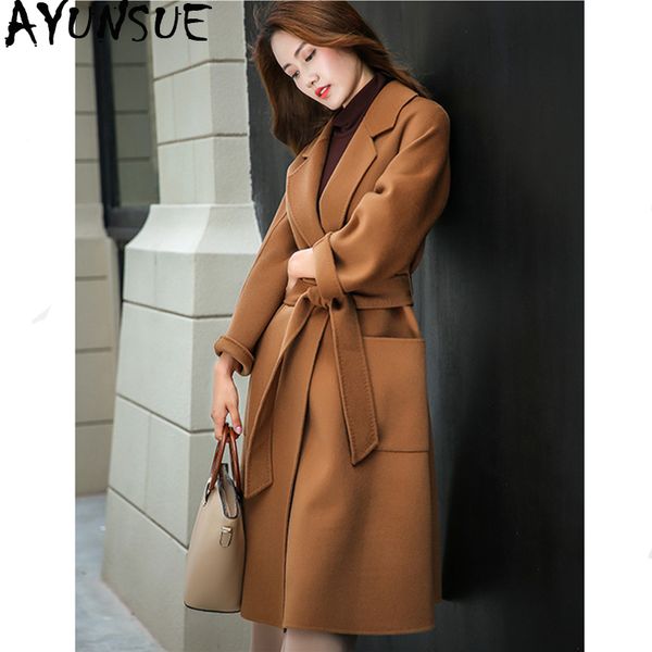 

ayunsue double side 100% wool coat 2019 autumn winter jacket women woolen coat female korean long coats casaco feminino my3793, Black