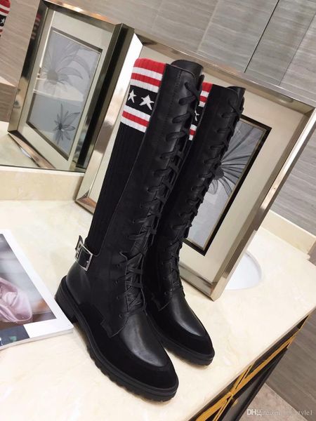 

autumn winter woman real leather lace up knee boots new style stripe high sock long boots black elastic band martin boots