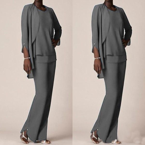 

grey chiffon formal pant suits for mother groom dresses evening wear long mother of the bride dresses with jackets plus size custom, Black;red