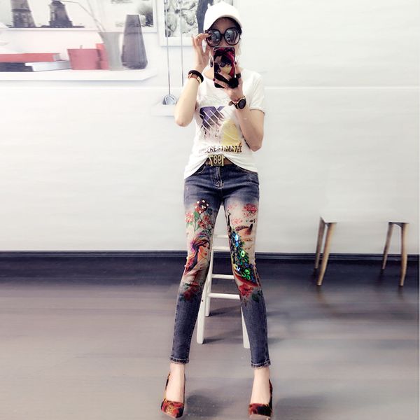 

lake blue the new sequins ripped jeans fashion women's wear shuhua186