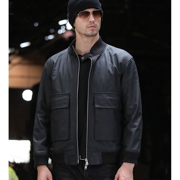 

sani 2019 new genuine leather jacket men short natural sheepskin casual leather clothing autumn spring overcoat, Black