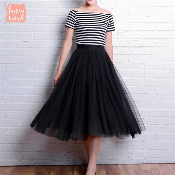 

эластичная юбка 2019 высокая талия тюль сетки midi урожай женщин линия линия плиссе пачка женский юп longue s1631, Black