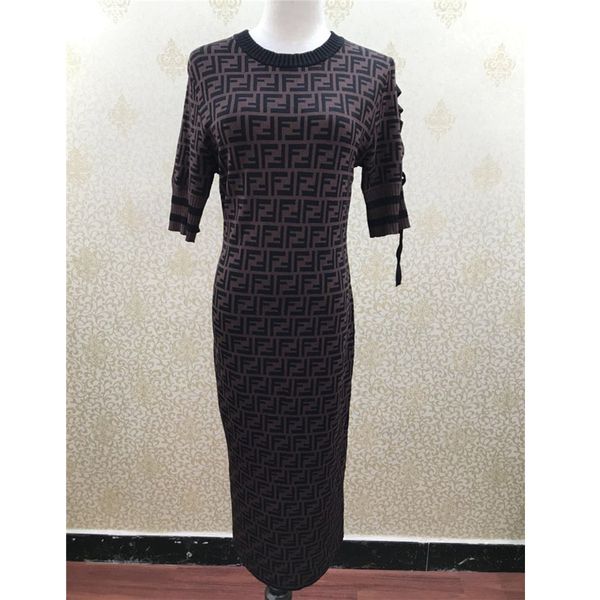 

brand long dress women sleeves straps bow short-sleeve dress women knitted dresses fashion double f letter casual lady dress, White;black