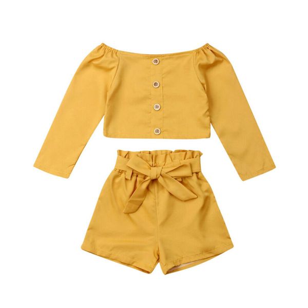 

1-6y toddler baby girls kids clothes sets yellow long sleeve off shoulder t-shirt +shorts casual outfits set, White
