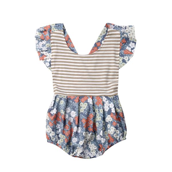 

newborn infant baby girls ruffle sleeve floral color bodysuit summer cute jumpsuit outfits sunsuit, Blue