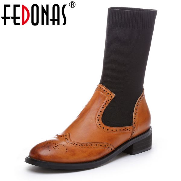 

fedonas women autumn winter warm mid-calf boots fashion casual party platforms shoes woman genuine leather round toe socks boots, Black