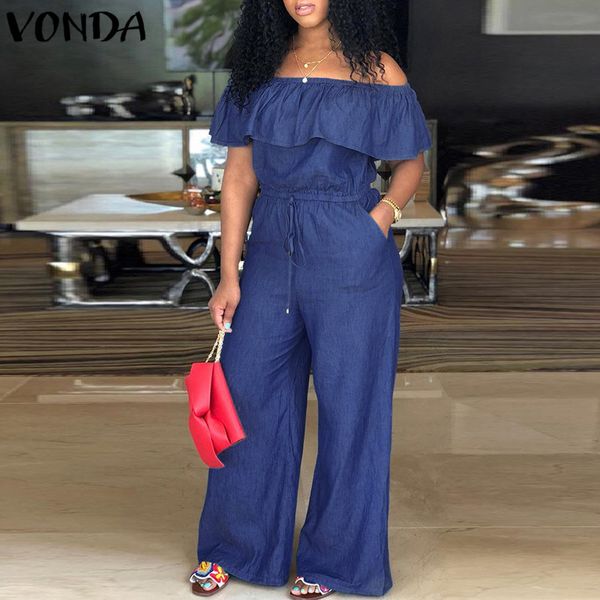 

vonda denim rompers womens jumpsuit 2018 summer slash neck off shoulder ruffles playsuits plus size wide leg pants overalls, Black;white