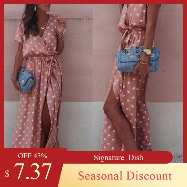

women pink wave point v-neck maxi dress female fork opening long dress belt ladies polka-dot split vestido boho, Black;gray