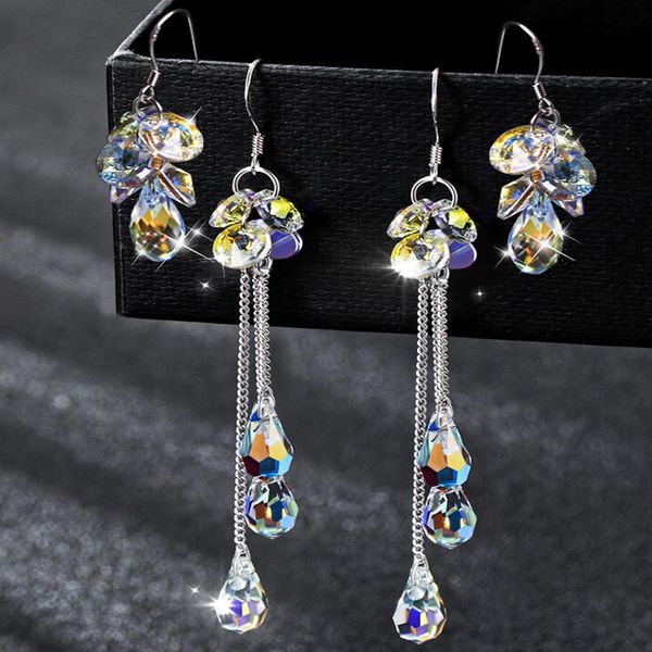 

new fashion colourful crystal charm tassel dangle s925 earrings multilayer water drops bride jewelry women wedding earrings, Silver