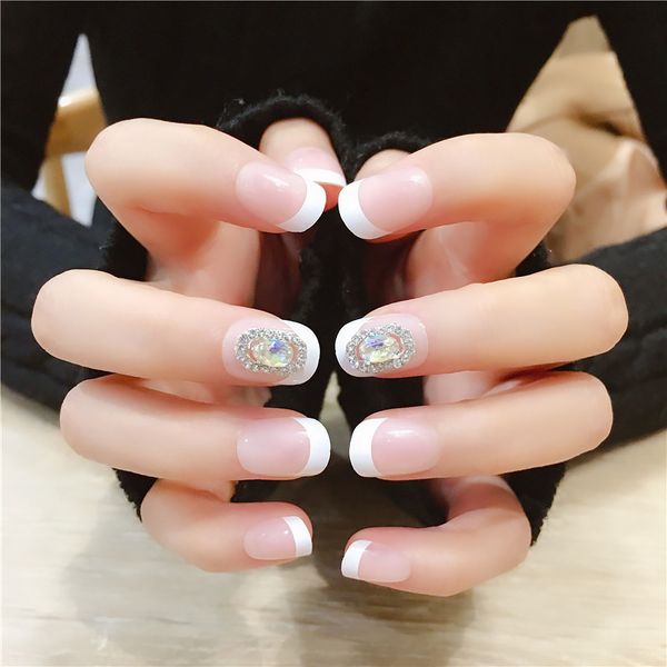 

24pcs diy french short acrylic nail art tips with glue women simple fashion fake nails girls individuality rhinestone false nail, Red;gold