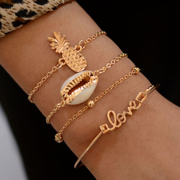 

4 pcs/set pineapple sea shell charm bracelets for women gold link chain friendship braclets boho love letter bracelets for girls, Golden;silver