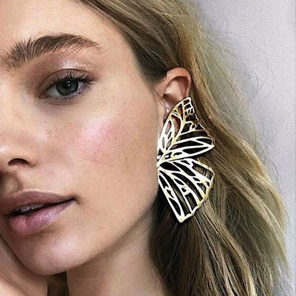 

srcoi gold color hollow butterfly earrings stud elegant big fan shaped zinc alloy women earrings fashion jewelry new arrive 2018, Golden;silver