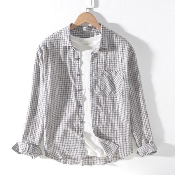 

2020 men's long sleeve shirts 100%linen summer casual plaid shirts man turn-down collar blouse y2478, White;black