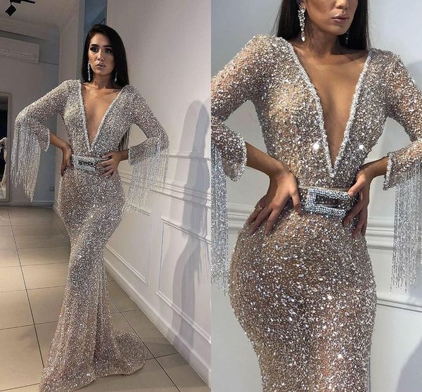 

2019 silver mermaid evening dresses long sleeve v neck sequined black girls prom dress sparkling evening gowns robes de soirÃ©e, Black;red