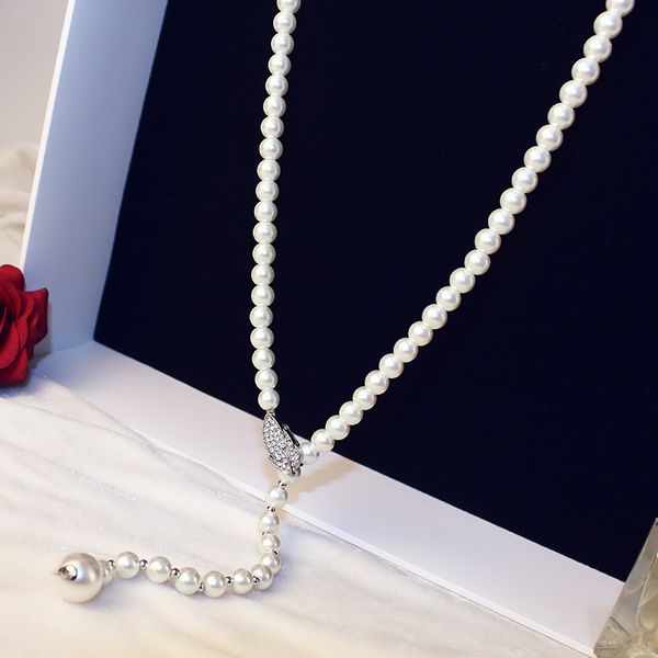 

fashion luxury designer classic vintage elegant long tassel pearl crystasl leaves sweater statement necklace for woman winter autumn, Black