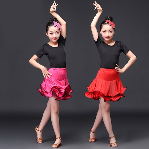 

new latin dance skirt children's latin dance costumes girls short-sleeved training costumes stage performances, Black;red