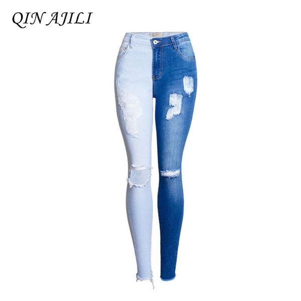 

qin ajili women 's jeans denim blue skinny casual pencil pants mid waist hole spliced ripped zipper full length ing