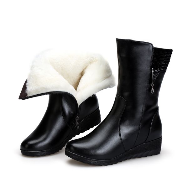 

zxryxgs brand boots winter warm wool snow boots cowhide leather 2018 new fashion rhinestone wedges women plus size, Black