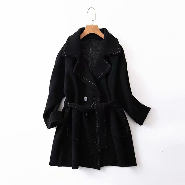 

women's wool & blends 2021 spring women blazer double breasted long sleeve ladies black coat knitted spliced lace up slim suit jacket